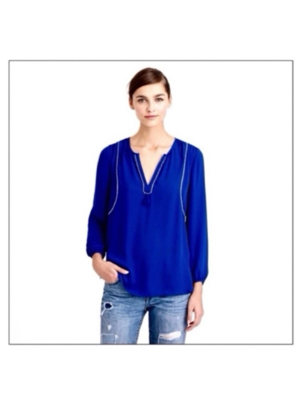J.Crew Tassel Trim Popover Blouse in Royal Blue